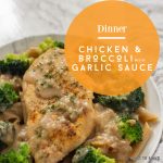 Plate of chicken breast and broccoli with a garlic cream sauce. The text reads "Dinner Chicken & Broccoli with garlic sauce"