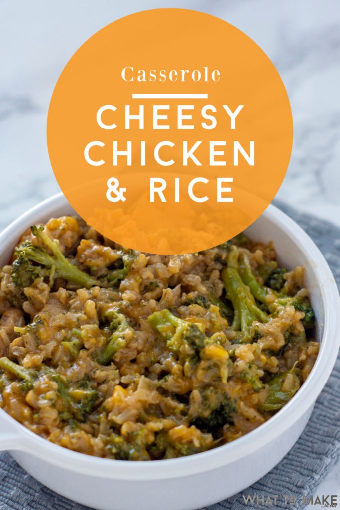 IMage of a creamy chicken and rice casserole. Text reads "Casserole Cheesy chicken & rice"