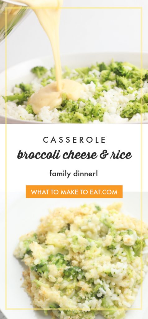 top image is an in-process shot of a fresh broccoli cheese casserole. Bottom image of a completed easy recipe for broccoli rice and cheese casserole. Text reads "Casserole broccoli cheese & rice family dinner!"