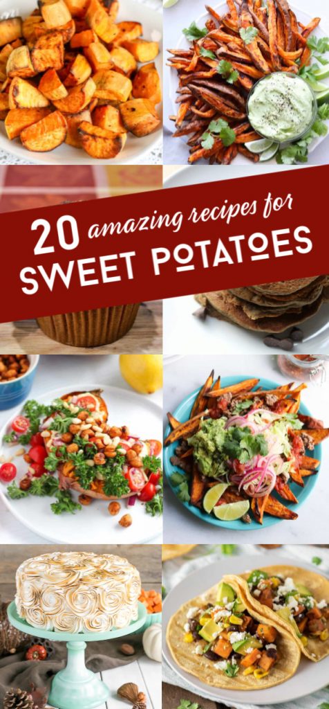 Collage of several sweet potato dishes. Text reads "20 amazing recipes for sweet potatoes"
