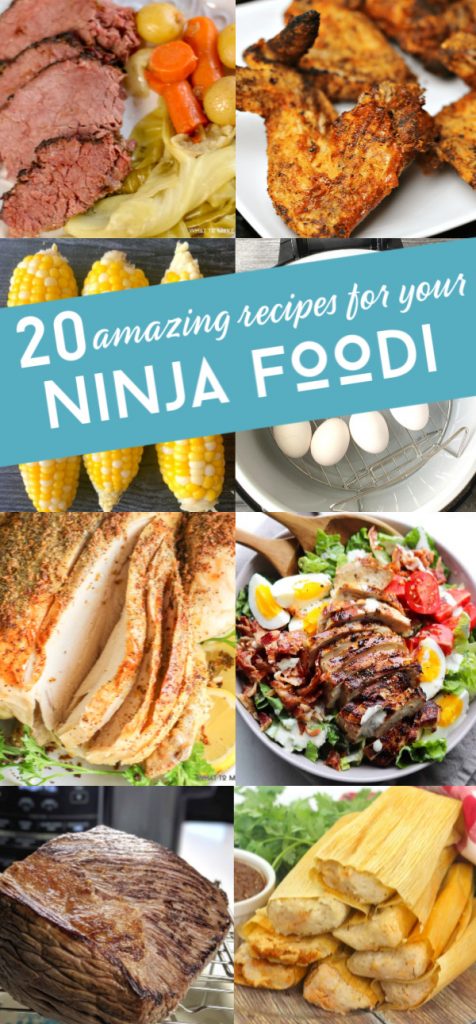 Collage image of several foods cooked in a Ninja Foodi. Text reads "20 amazing recipes for your Ninja Foodi"