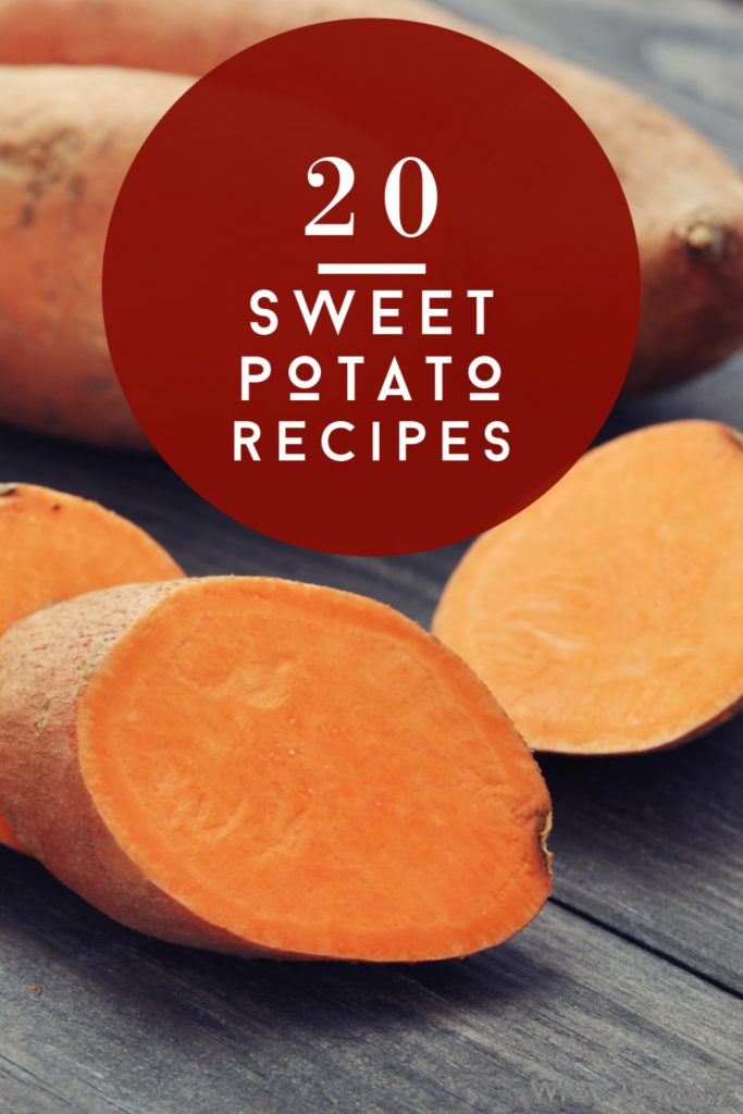 Image of sliced raw sweet potatoes. Text reads "20 sweet potato recipes"