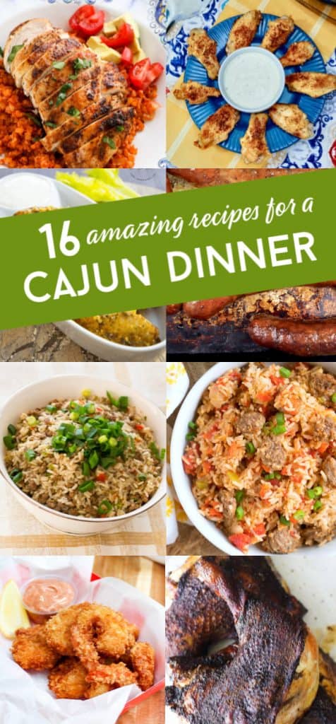 8 images of real Cajun recipes. Text reads "16 amazing recipes for a Cajun dinner"