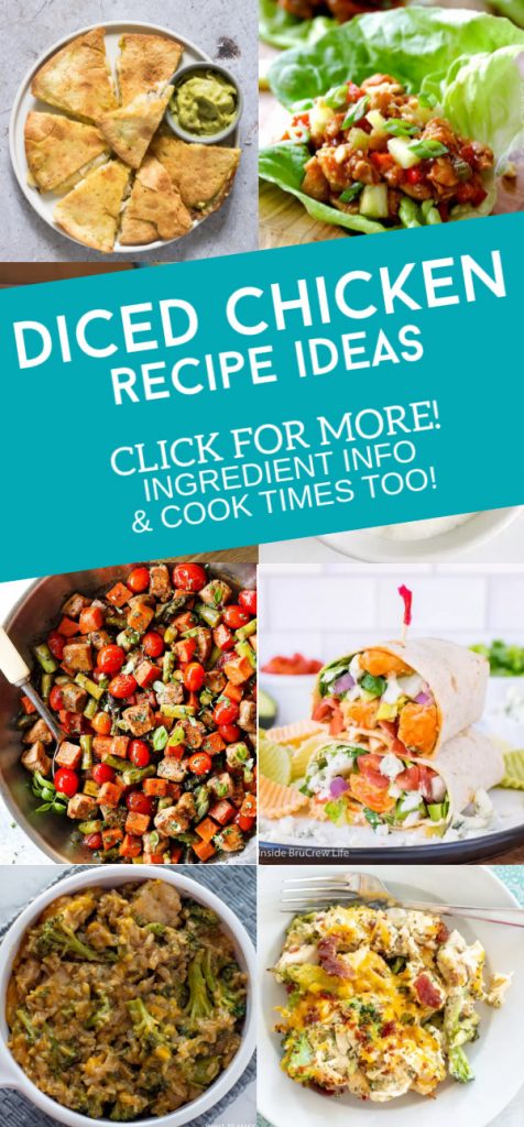 Dishes made with diced chicken. Text Reads: "Diced chicken recipe ideas"