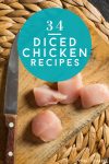 Diced chicken on a cutting board. Text Reads: "Diced Chicken Recipes"
