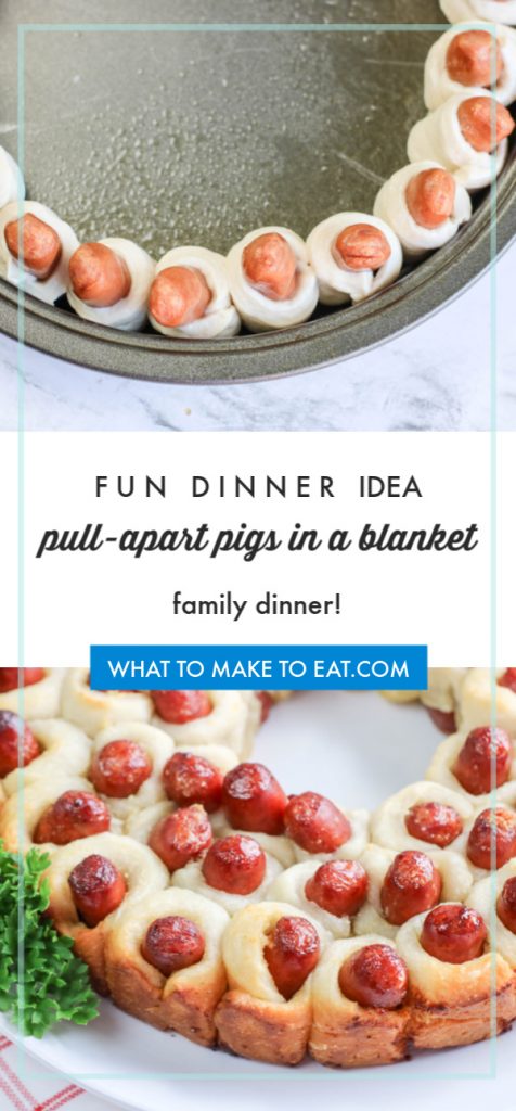 Image of Pull apart lil smokies pigs in a blanket recipe. Text reads "fun dinner idea! Pull-apart pigs in a blanket family dinner!"
