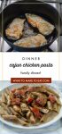 Top image of chicken breast cooking in a pan. Bottom image is of an easy cajun chicken pasta penne dish. Text reads "dinner Cajun chicken pasta family dinner!"