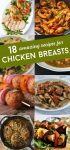8 images of what to cook with chicken breast. Text reads "18 amazing recipes for chicken breasts"