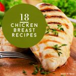 Picture of a cooked chicken breast. Text reads "18 chicken breast recipes"