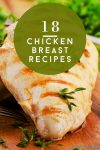 Picture of a cooked chicken breast. Text reads "18 chicken breast recipes"