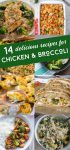 Several images of chicken and broccoli recipes.