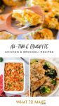 Several images of chicken and broccoli recipes.