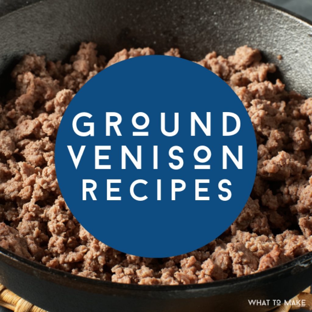 Pan filled with cooked ground venison. Text reads "ground venison recipes"