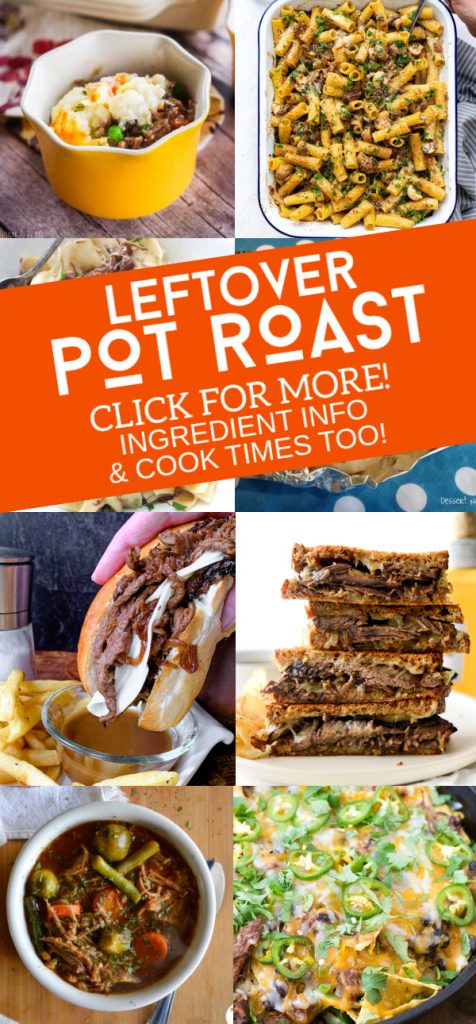 Images of meals made with leftover pot roast. Text reads "Leftover pot roast. Click for more. Ingredient info & cook times too!"
