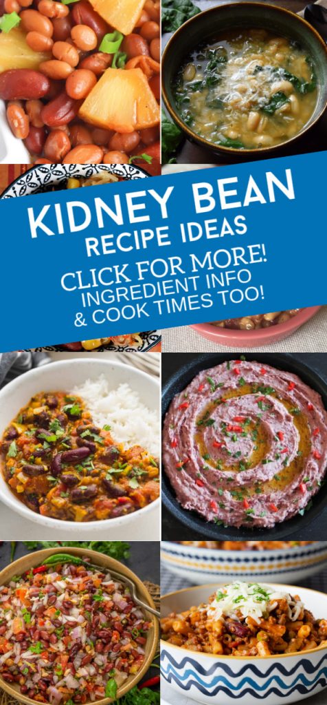 Images of dishes made with kidney beans. Text reads "Kidney Bean Recipe Ideas. Click for more! Ingredient info & cook times too!"