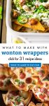 Images of dishes made with wonton wrappers. Text reads "What to make with wonton wrappers. Click for 31 recipe ideas"