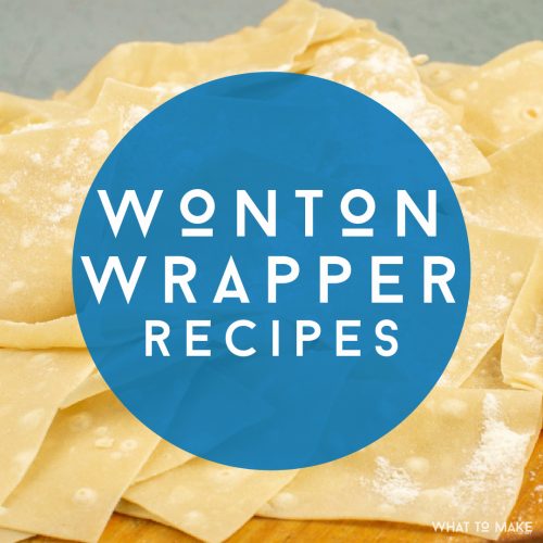 Pile of uncooked wonton wrappers. Text reads "Wonton Wrapper Recipes"