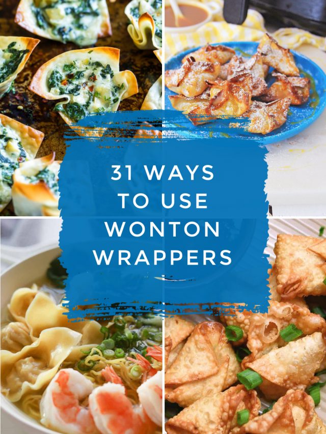 Images of dishes made with wonton wrappers. Text reads "31 ways to use wonton wrappers"