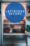 Interior of a refrigerator. Text reads "Leftovers Recipes"