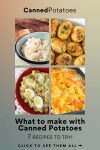 Dishes made with canned potatoes. Text reads "Canned Potatoes - What to make with Canned Potatoes. 7 recipes to try"