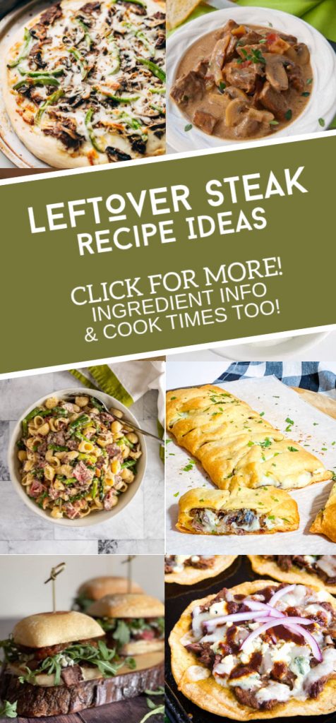 Dishes made with leftover steak. Text Reads "Leftover Steak Recipe Ideas. Click for more! Ingredient Info & cook times too!"