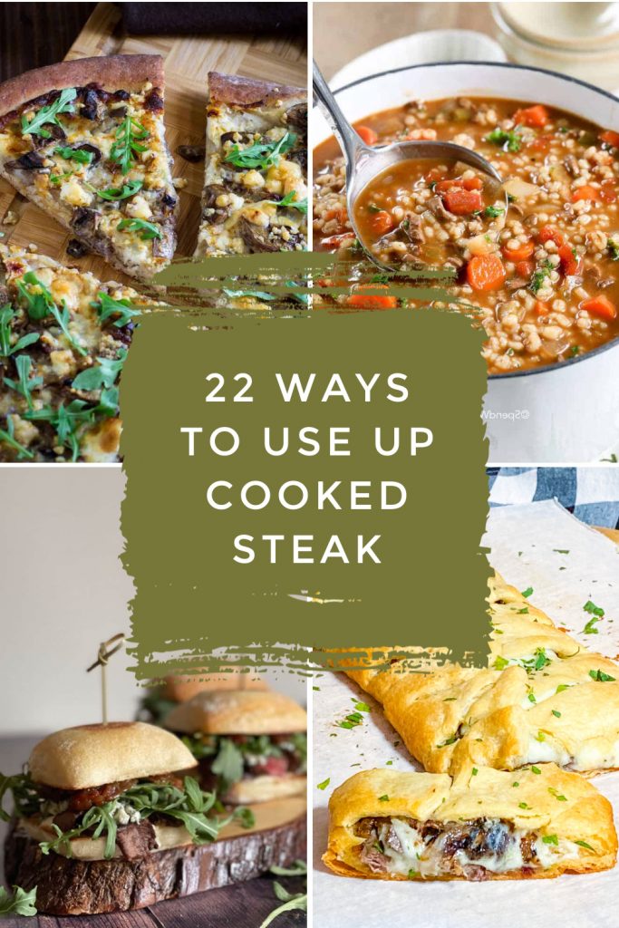 Dishes made with leftover steak. Text Reads "22 Ways to use up Cook Steak"
