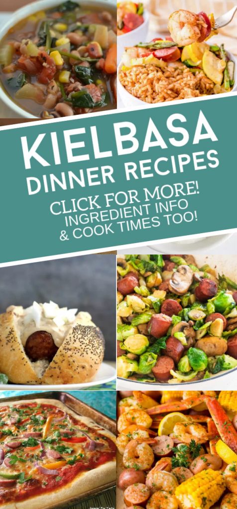 Dishes made with kielbasa. Text reads "Kielbasa Dinner recipes"