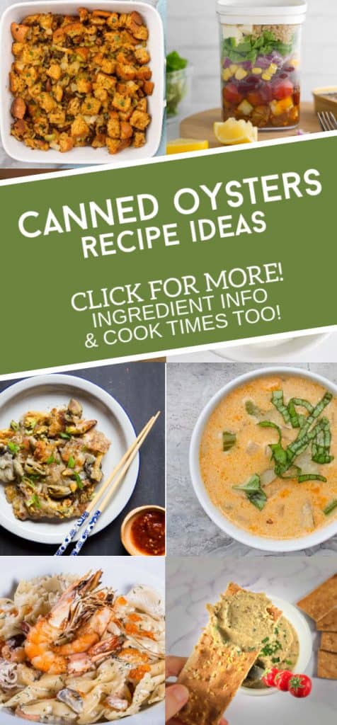 Dishes made with canned oysters. Text reads "Canned Oysters recipe ideas"