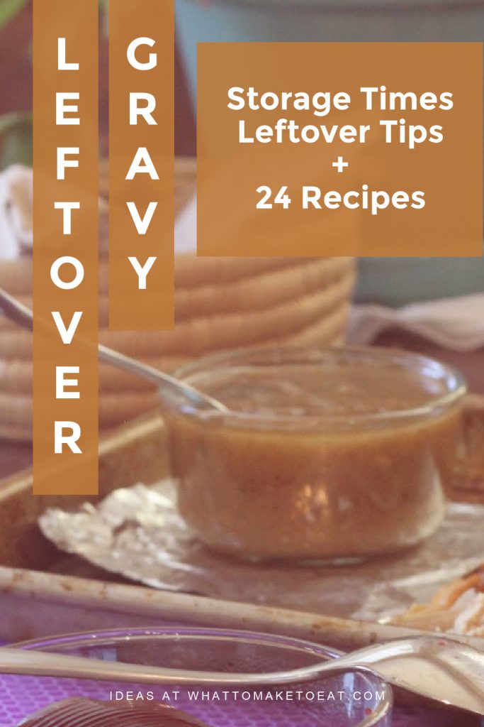 Bowl of gravy. Text reads "Leftover Gravy - Storage times, leftover tips, plus 24 recipes"