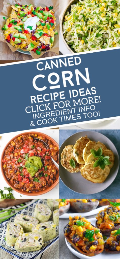 Images of dishes made with corn. Text reads "Canned Corn Recipe Ideas"