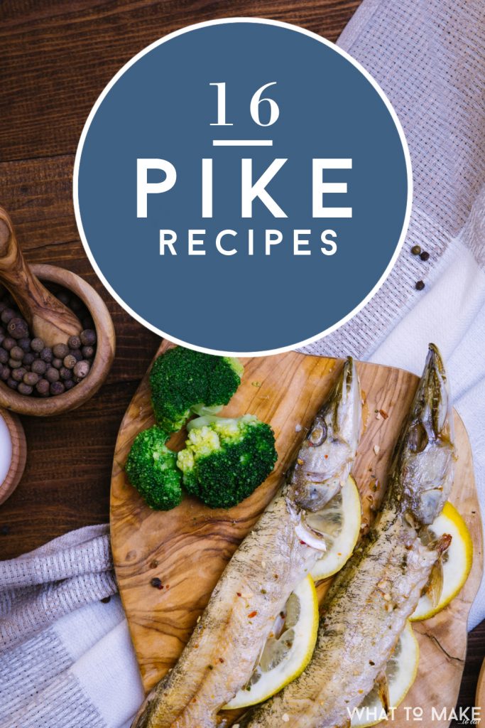 Fresh pike fish on a cutting board. Text reads "16 Pike Recipes"