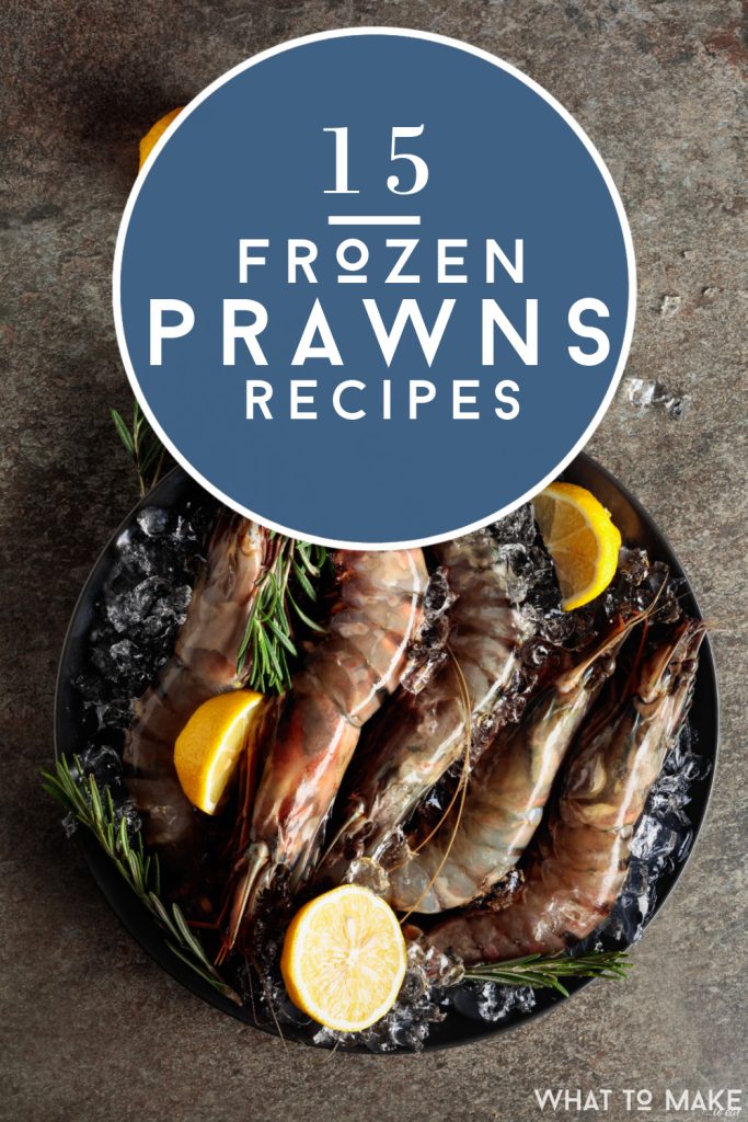 Frozen Prawns on ice. Text reads "15 Frozen prawns recipes"