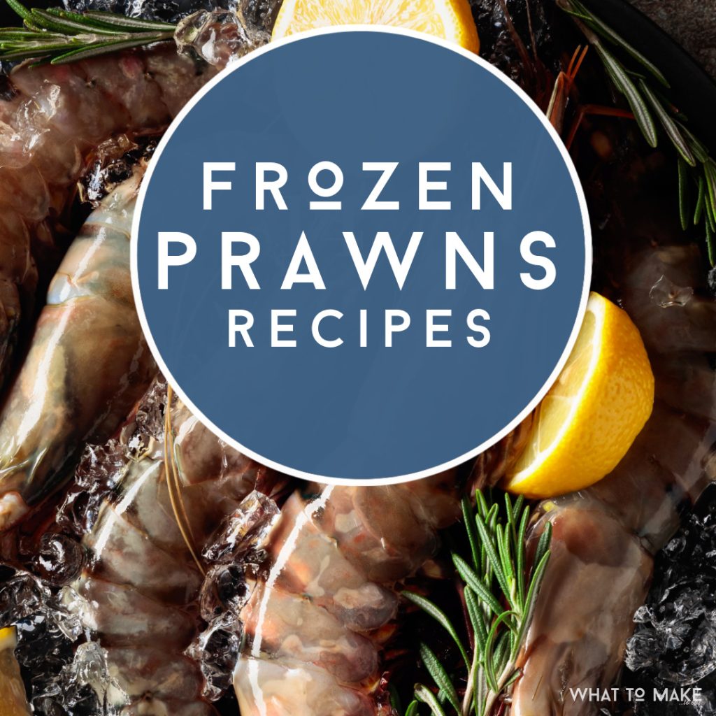 Frozen Prawns on ice. Text reads "Frozen prawns recipes"