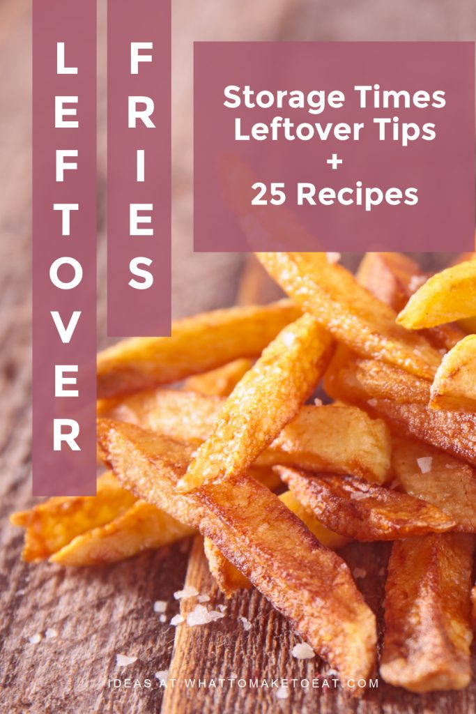 Pile of cooked french fries. Text reads "Leftover Fries Storage Times, Leftover Tips, plus 25 Recipes"