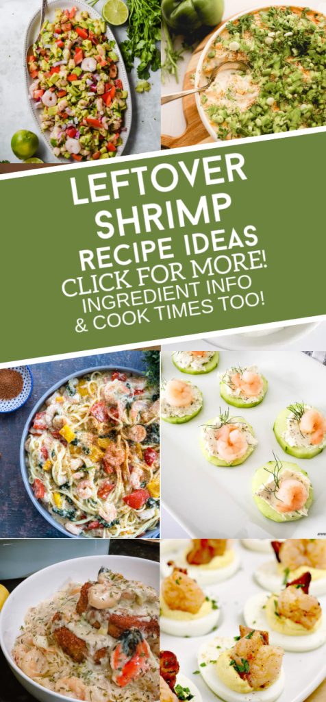 Dishes made with shrimp. Text reads "Leftover Shrimp recipe ideas"