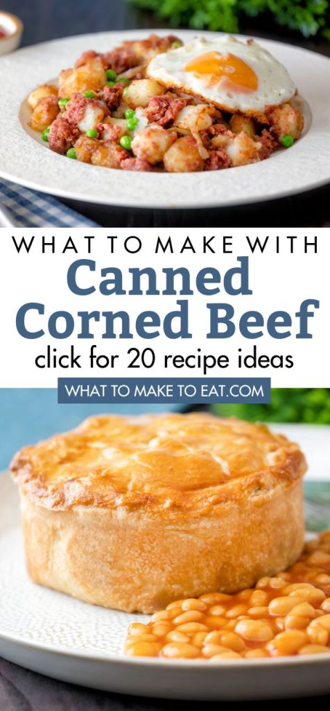 Dishes made with corned beef. Text reads "What to make with Canned Corned Beef"